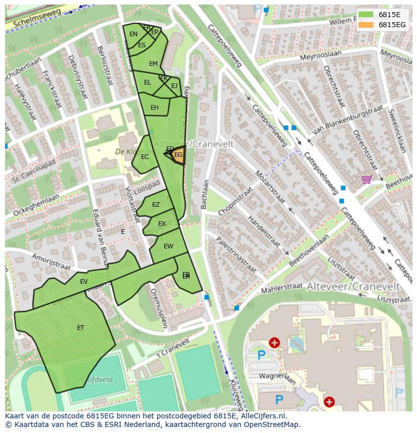 Afbeelding van het postcodegebied 6815 EG op de kaart.