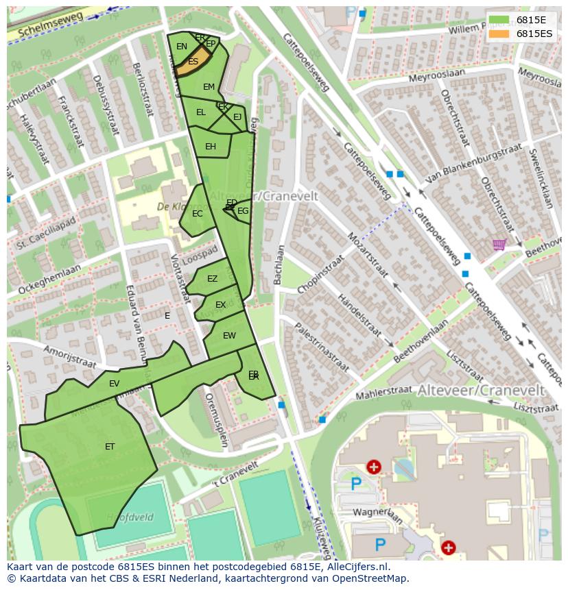 Afbeelding van het postcodegebied 6815 ES op de kaart.