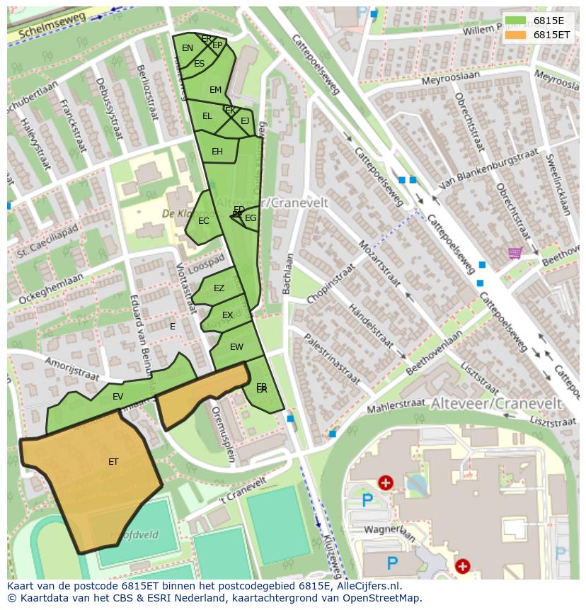 Afbeelding van het postcodegebied 6815 ET op de kaart.
