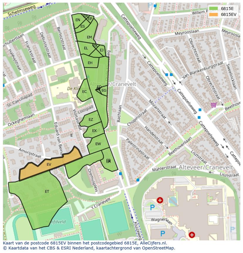 Afbeelding van het postcodegebied 6815 EV op de kaart.