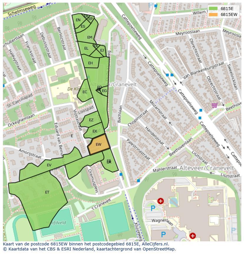 Afbeelding van het postcodegebied 6815 EW op de kaart.
