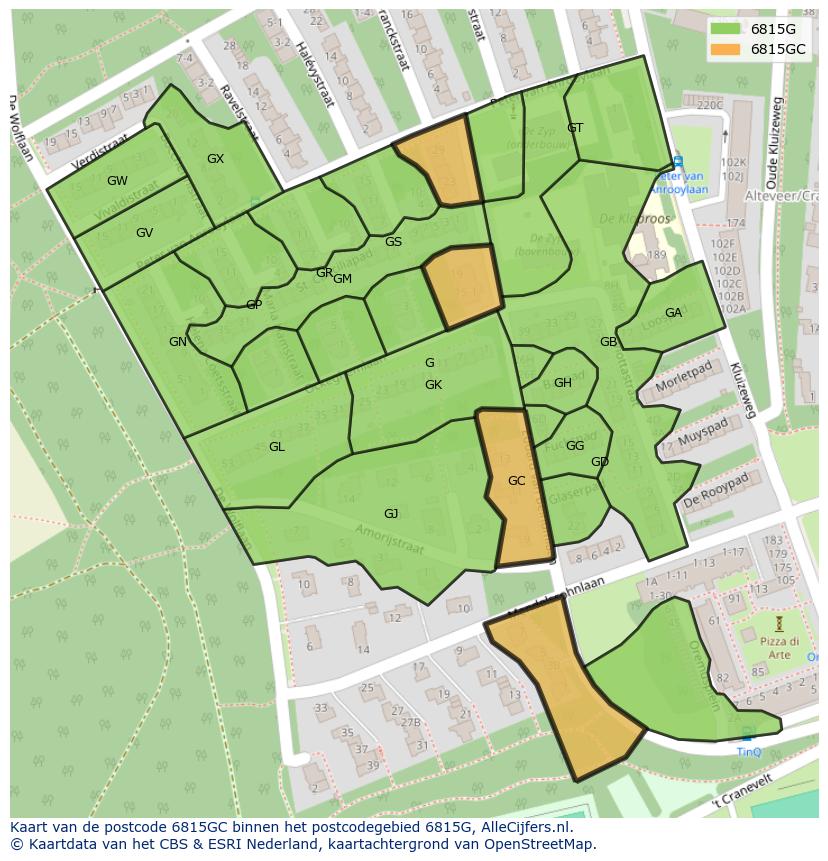 Afbeelding van het postcodegebied 6815 GC op de kaart.