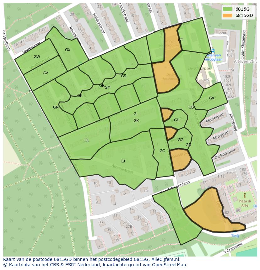 Afbeelding van het postcodegebied 6815 GD op de kaart.