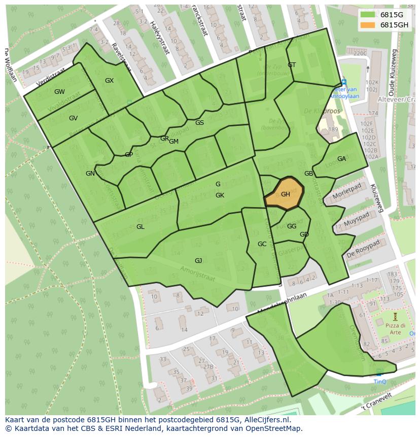 Afbeelding van het postcodegebied 6815 GH op de kaart.