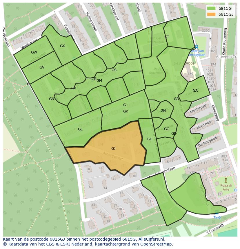 Afbeelding van het postcodegebied 6815 GJ op de kaart.