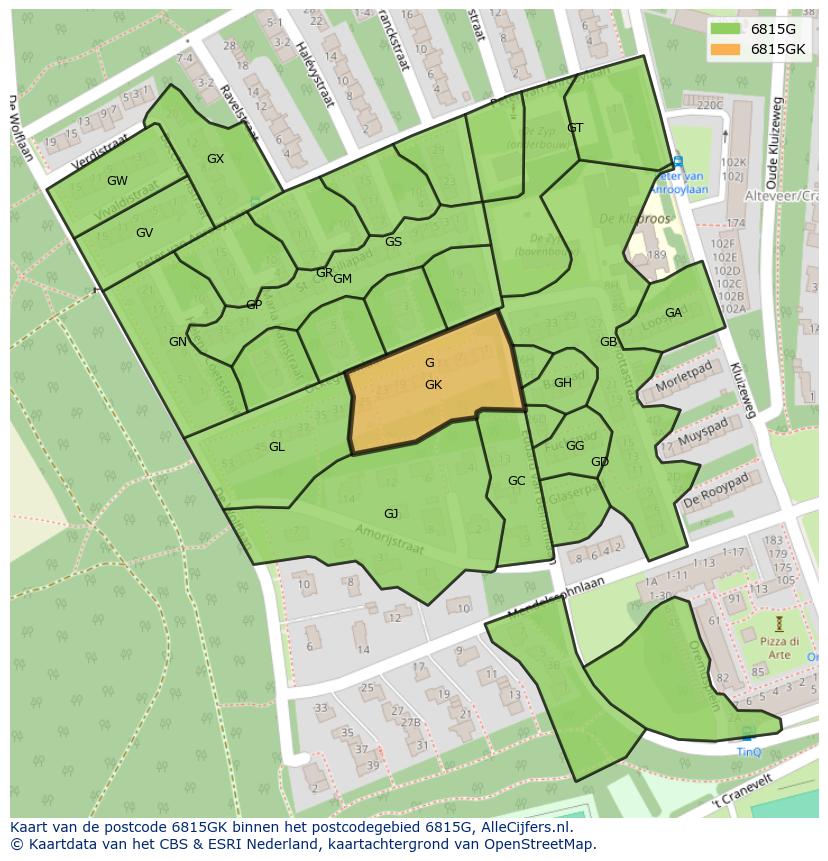 Afbeelding van het postcodegebied 6815 GK op de kaart.