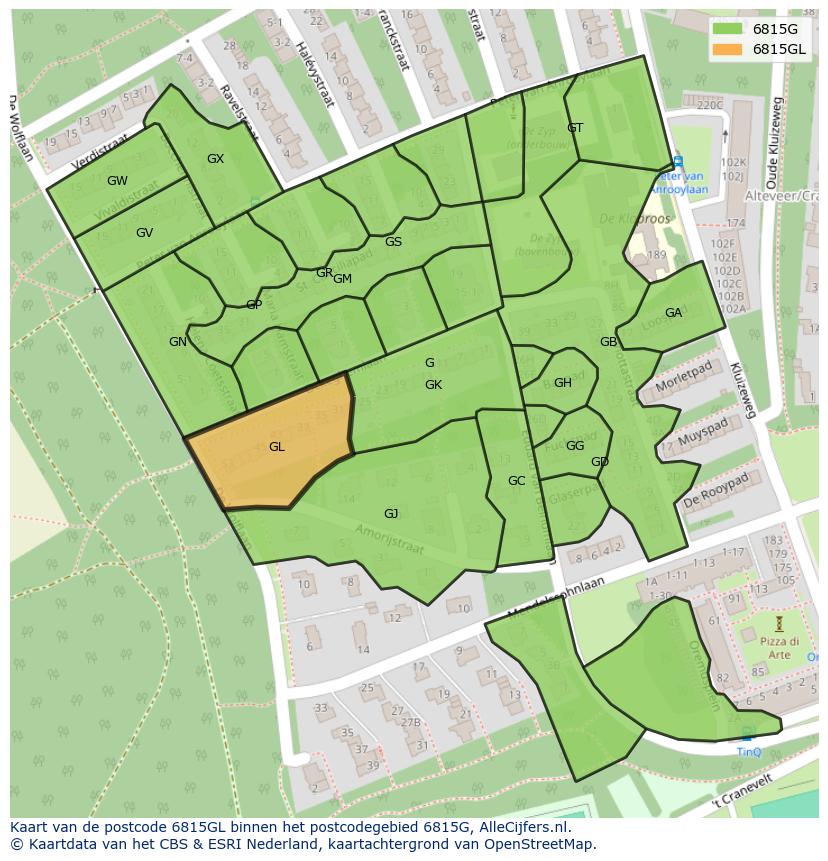 Afbeelding van het postcodegebied 6815 GL op de kaart.