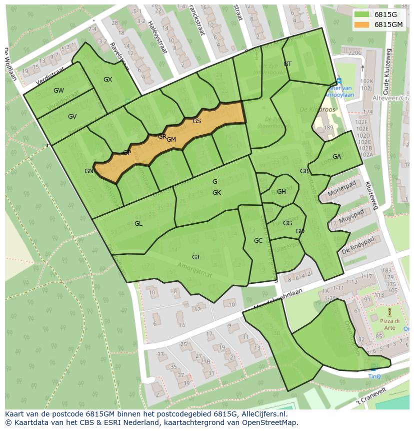 Afbeelding van het postcodegebied 6815 GM op de kaart.