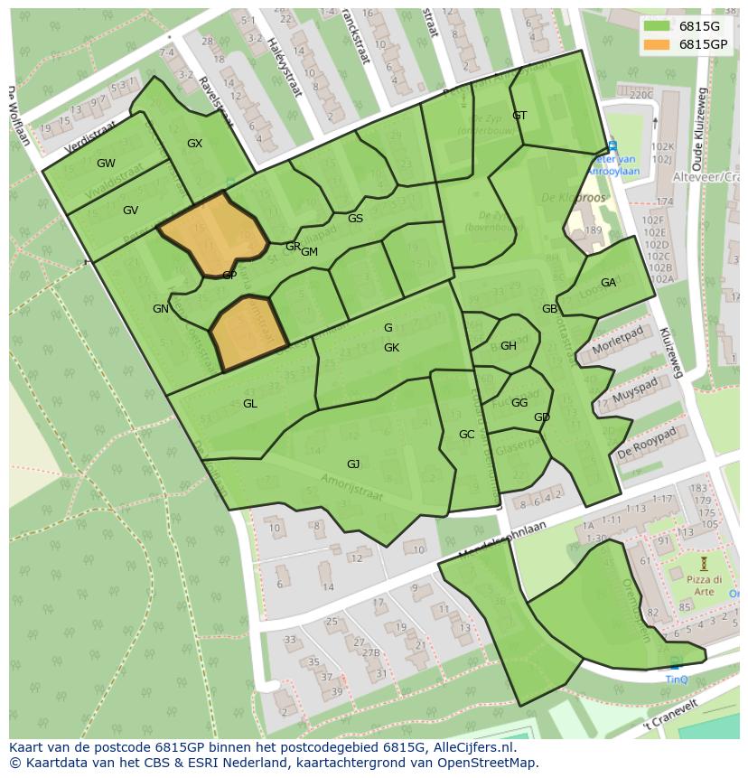 Afbeelding van het postcodegebied 6815 GP op de kaart.