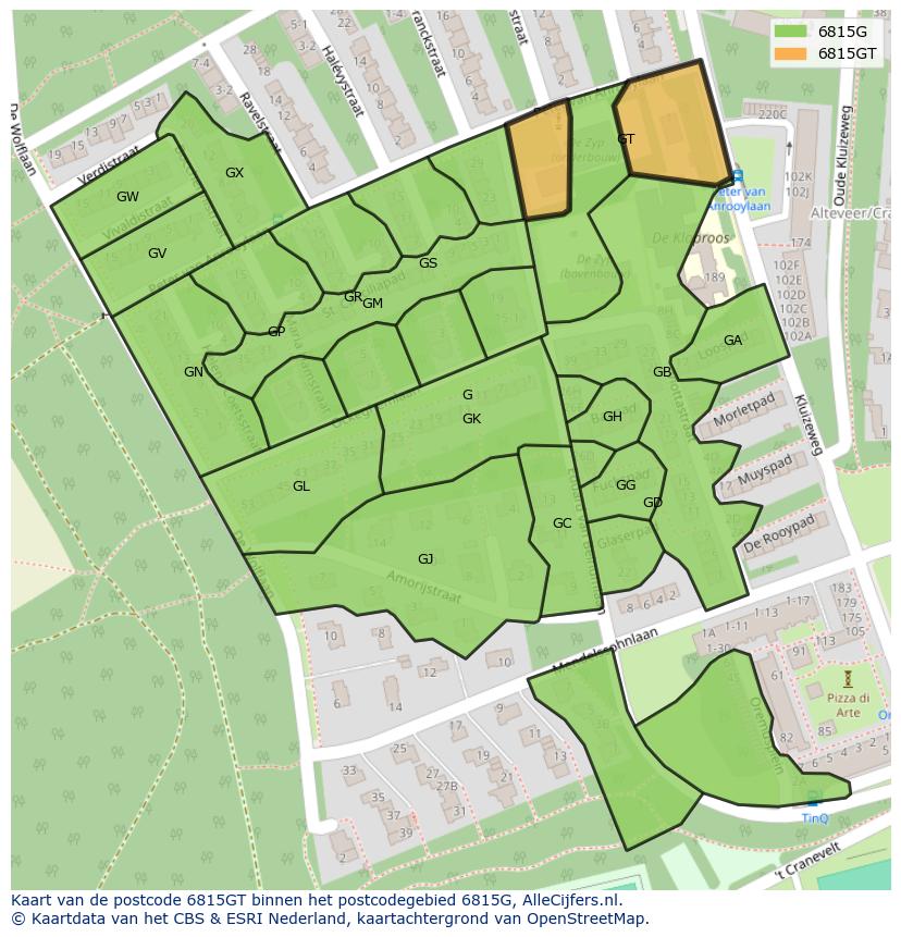 Afbeelding van het postcodegebied 6815 GT op de kaart.