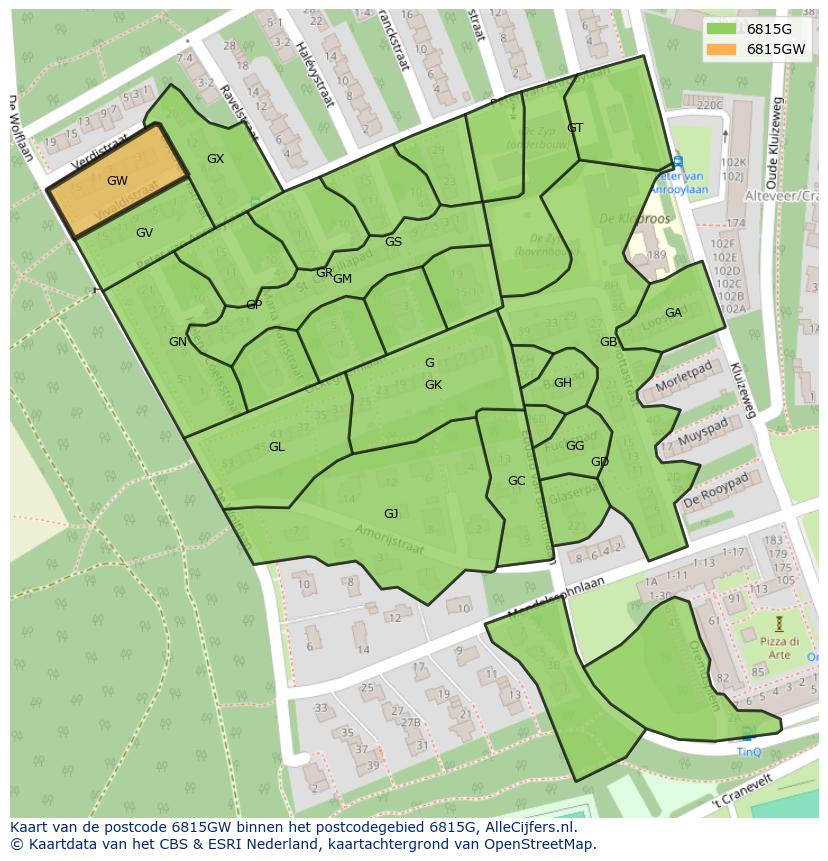Afbeelding van het postcodegebied 6815 GW op de kaart.