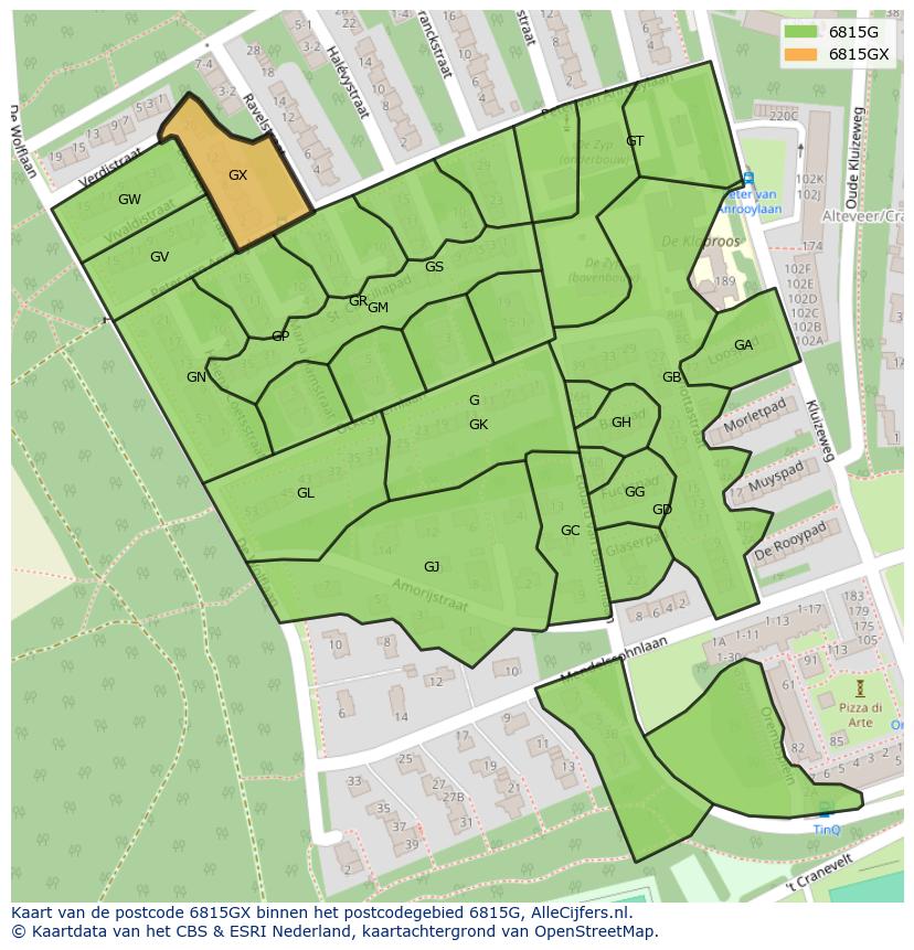 Afbeelding van het postcodegebied 6815 GX op de kaart.