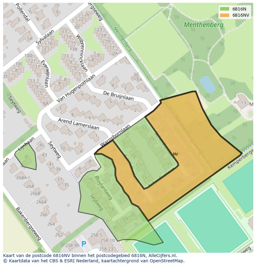 Afbeelding van het postcodegebied 6816 NV op de kaart.