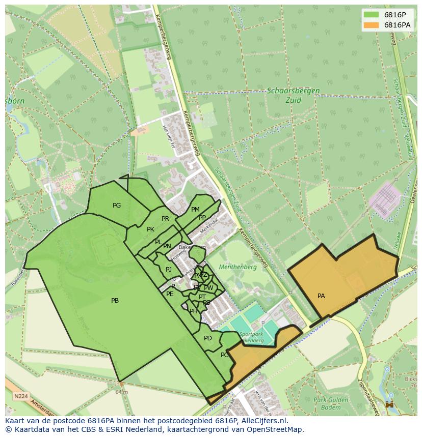 Afbeelding van het postcodegebied 6816 PA op de kaart.
