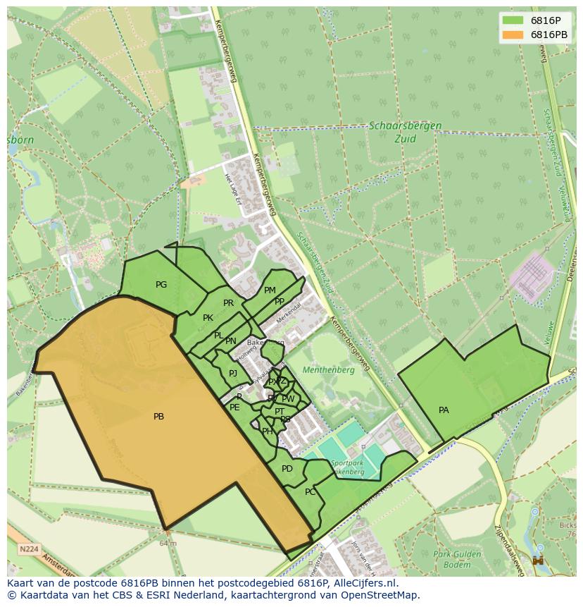 Afbeelding van het postcodegebied 6816 PB op de kaart.
