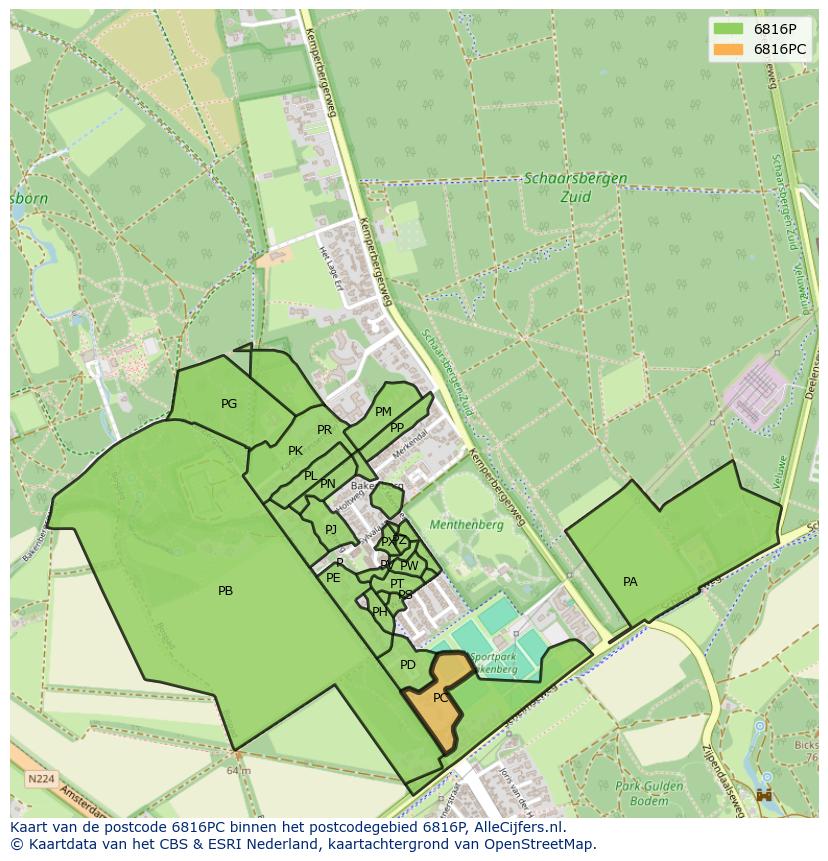 Afbeelding van het postcodegebied 6816 PC op de kaart.
