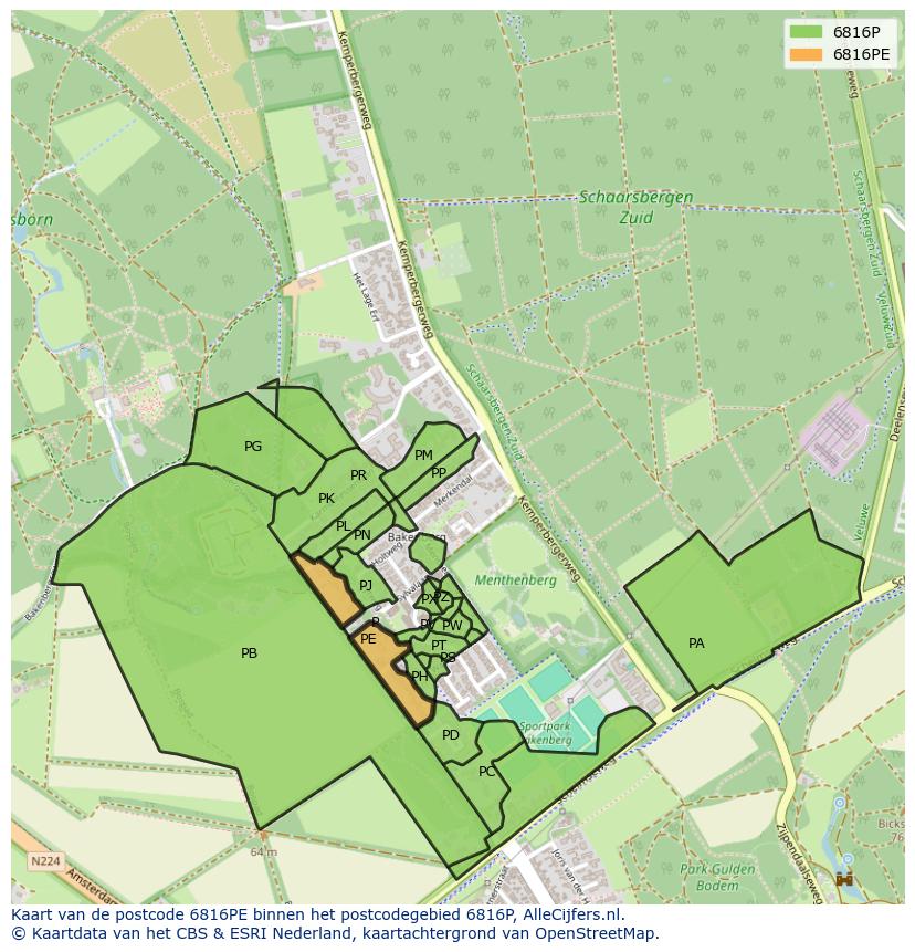 Afbeelding van het postcodegebied 6816 PE op de kaart.