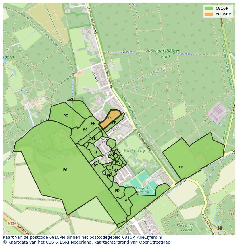 Afbeelding van het postcodegebied 6816 PM op de kaart.