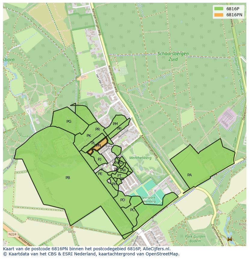 Afbeelding van het postcodegebied 6816 PN op de kaart.