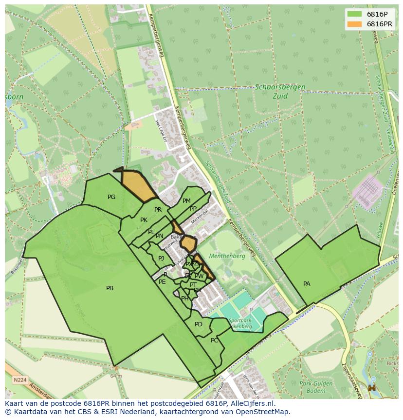 Afbeelding van het postcodegebied 6816 PR op de kaart.