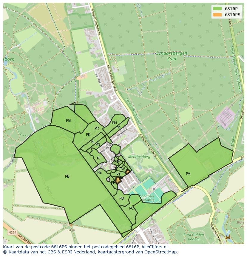 Afbeelding van het postcodegebied 6816 PS op de kaart.