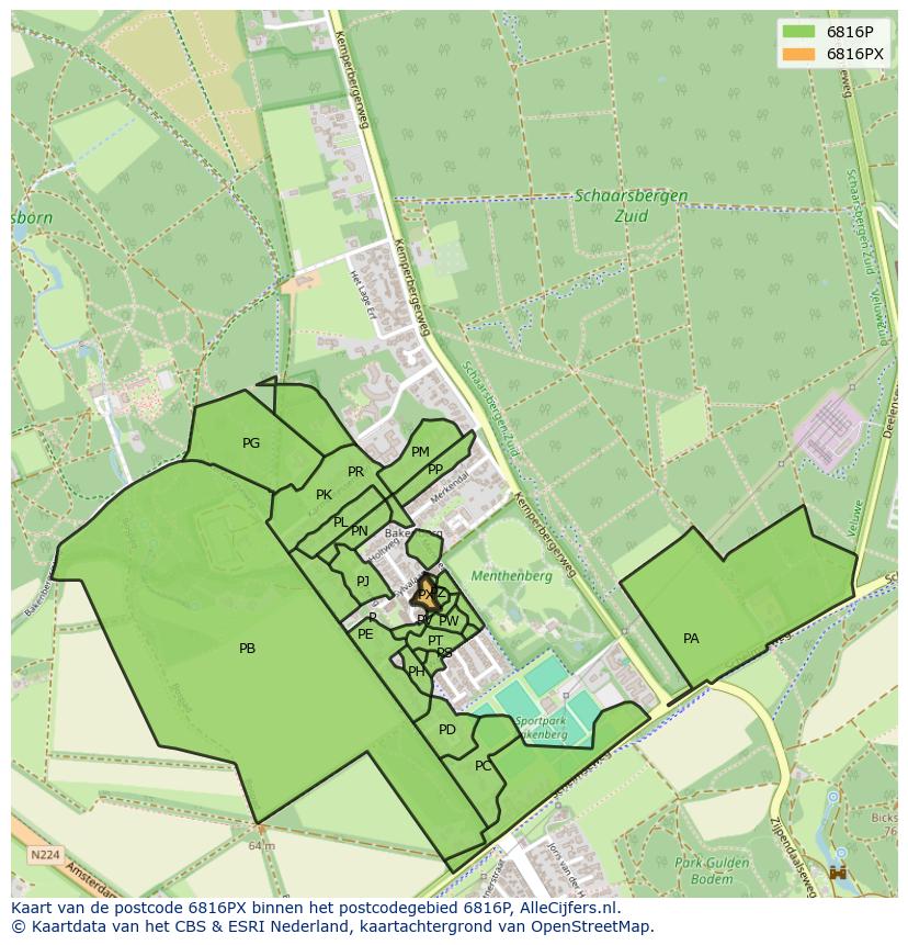 Afbeelding van het postcodegebied 6816 PX op de kaart.