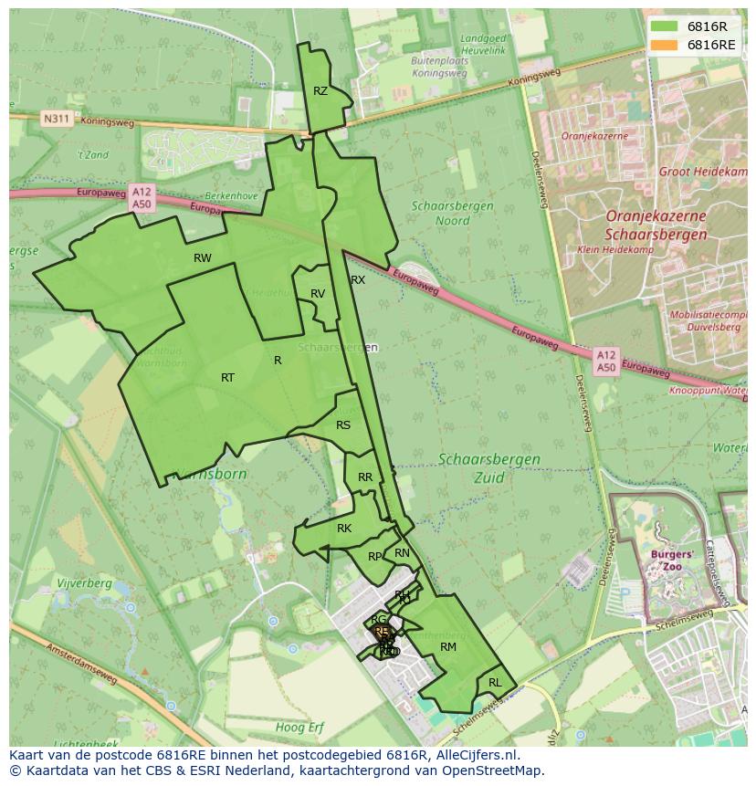Afbeelding van het postcodegebied 6816 RE op de kaart.