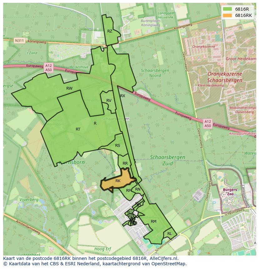 Afbeelding van het postcodegebied 6816 RK op de kaart.