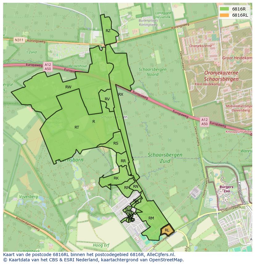 Afbeelding van het postcodegebied 6816 RL op de kaart.
