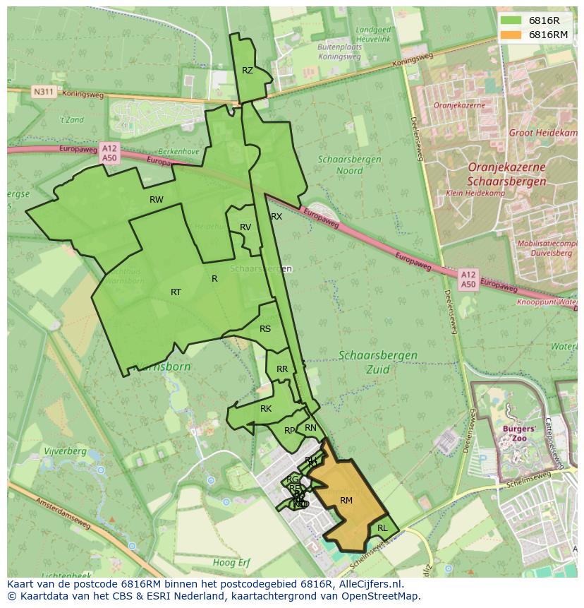 Afbeelding van het postcodegebied 6816 RM op de kaart.