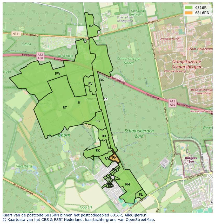 Afbeelding van het postcodegebied 6816 RN op de kaart.