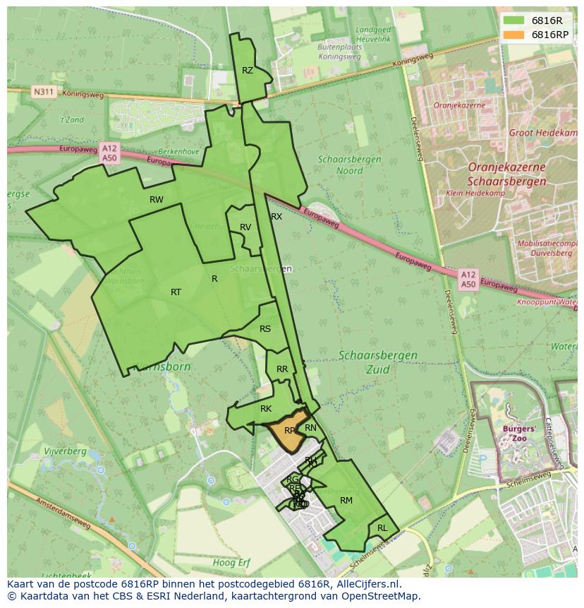 Afbeelding van het postcodegebied 6816 RP op de kaart.