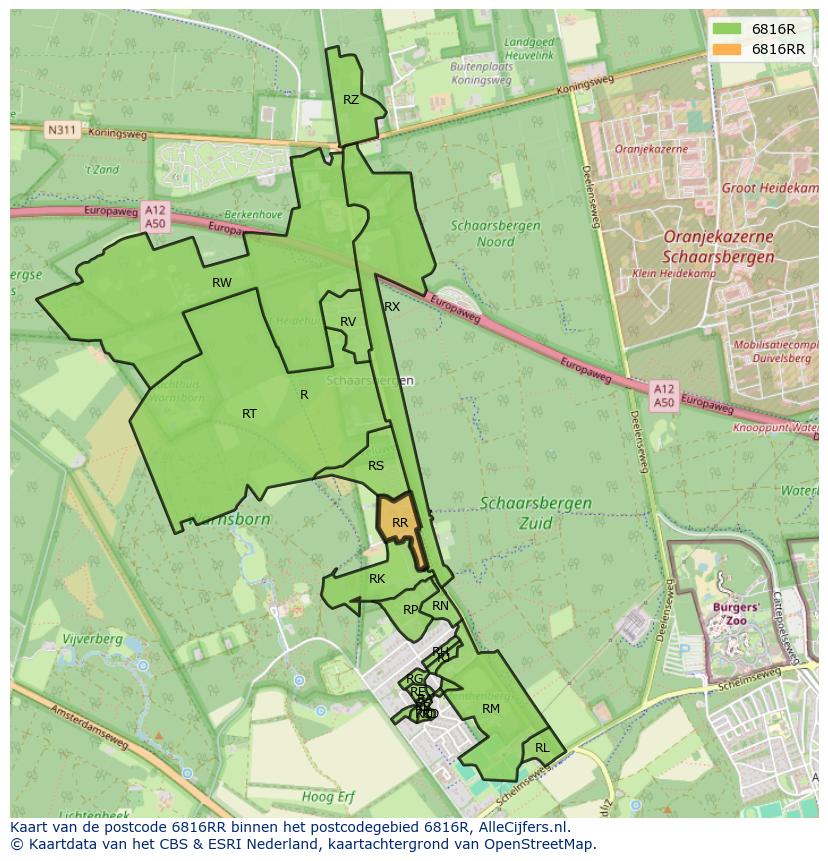Afbeelding van het postcodegebied 6816 RR op de kaart.