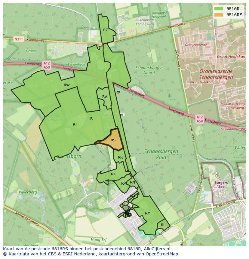 Afbeelding van het postcodegebied 6816 RS op de kaart.