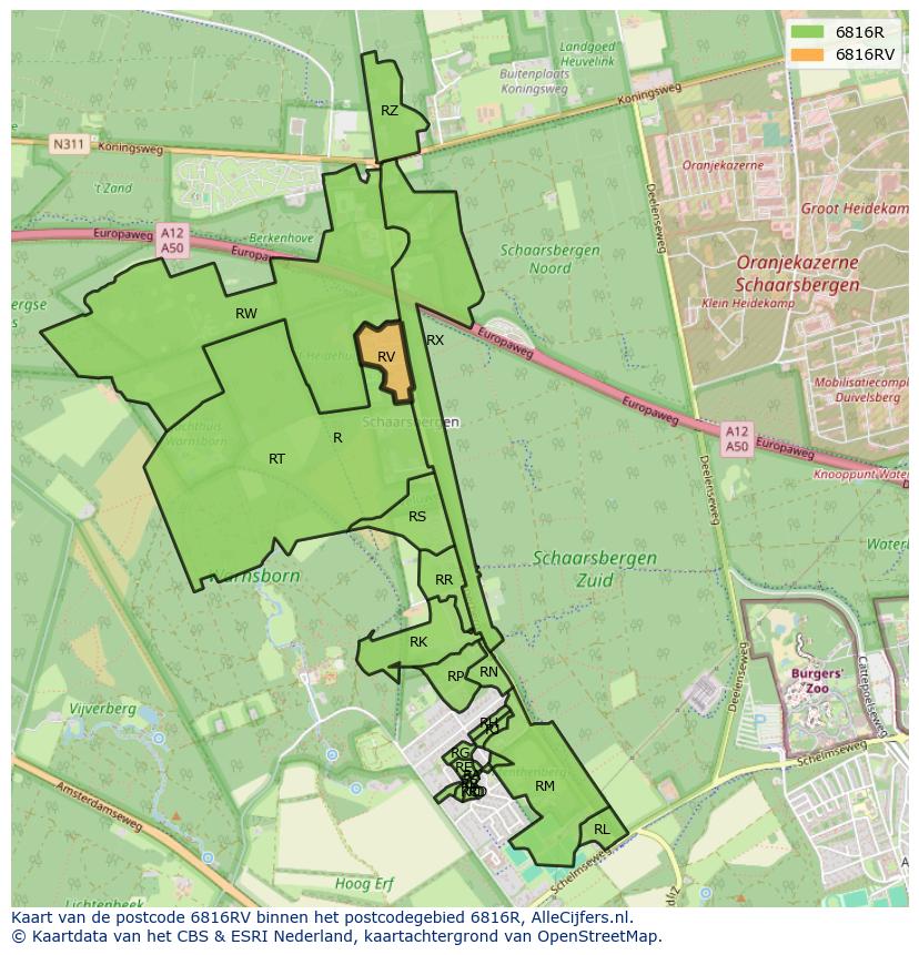 Afbeelding van het postcodegebied 6816 RV op de kaart.