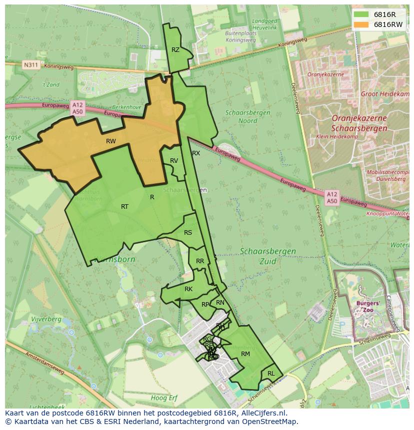 Afbeelding van het postcodegebied 6816 RW op de kaart.