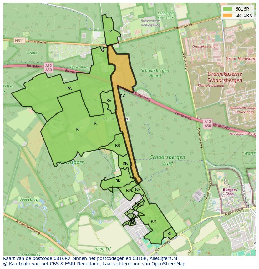 Afbeelding van het postcodegebied 6816 RX op de kaart.