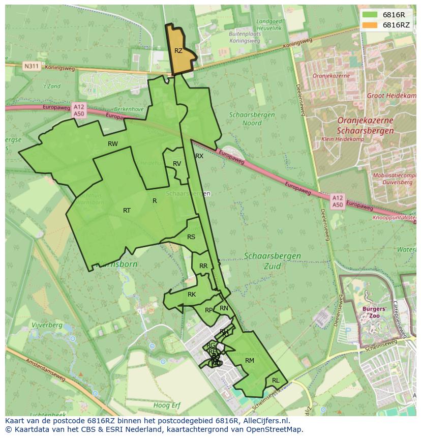 Afbeelding van het postcodegebied 6816 RZ op de kaart.