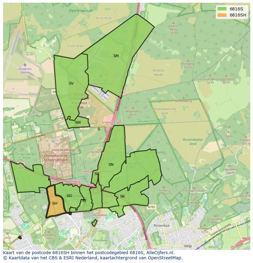 Afbeelding van het postcodegebied 6816 SH op de kaart.