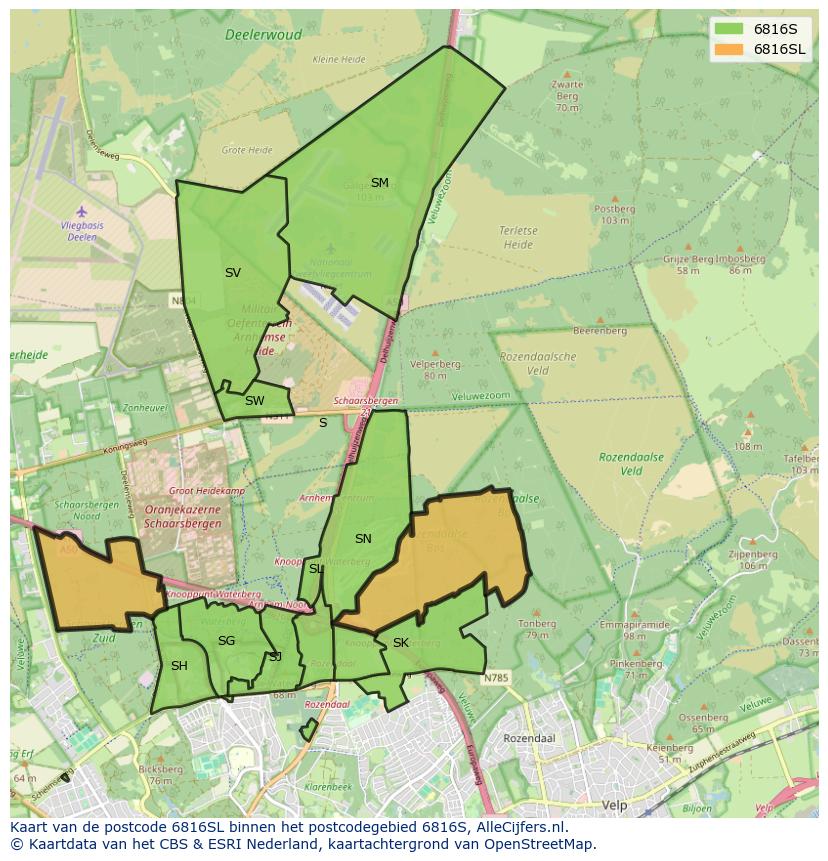 Afbeelding van het postcodegebied 6816 SL op de kaart.