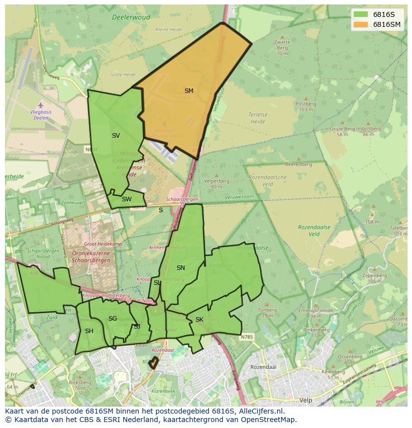 Afbeelding van het postcodegebied 6816 SM op de kaart.