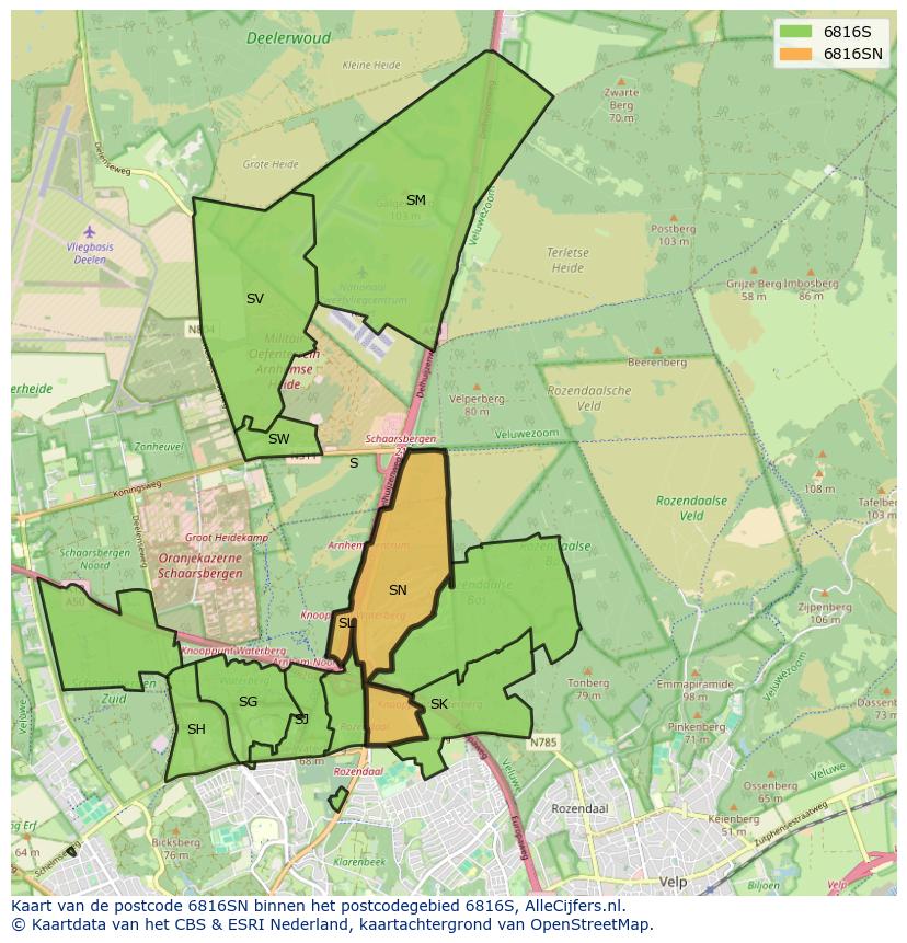 Afbeelding van het postcodegebied 6816 SN op de kaart.