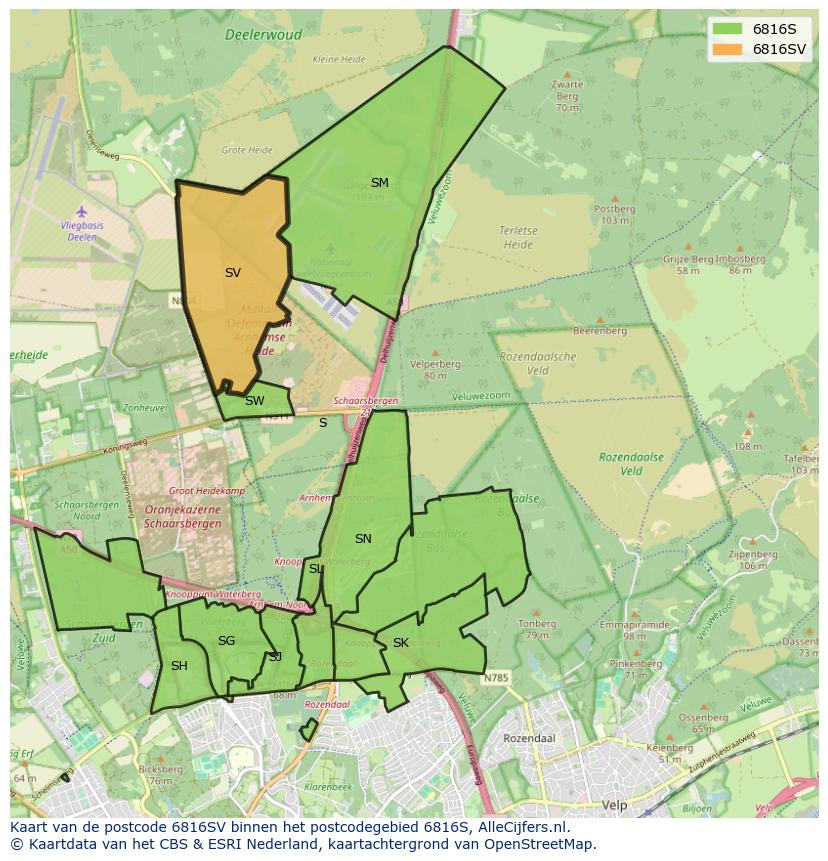 Afbeelding van het postcodegebied 6816 SV op de kaart.