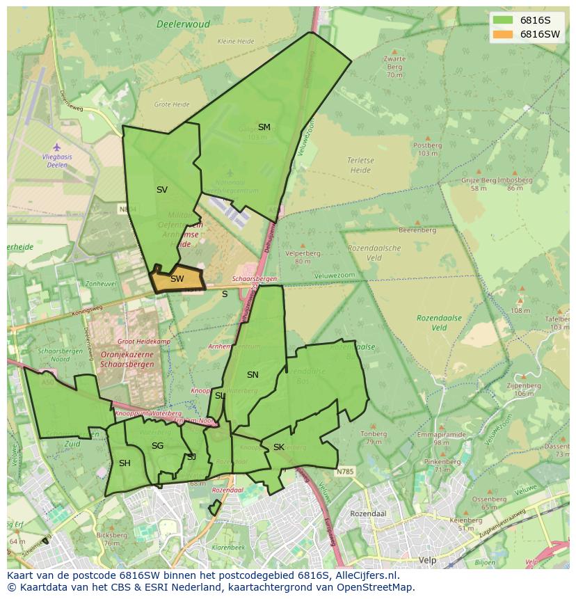 Afbeelding van het postcodegebied 6816 SW op de kaart.