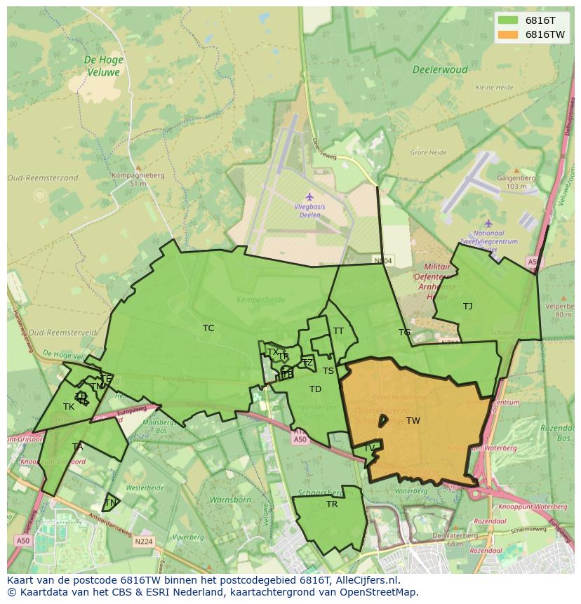 Afbeelding van het postcodegebied 6816 TW op de kaart.