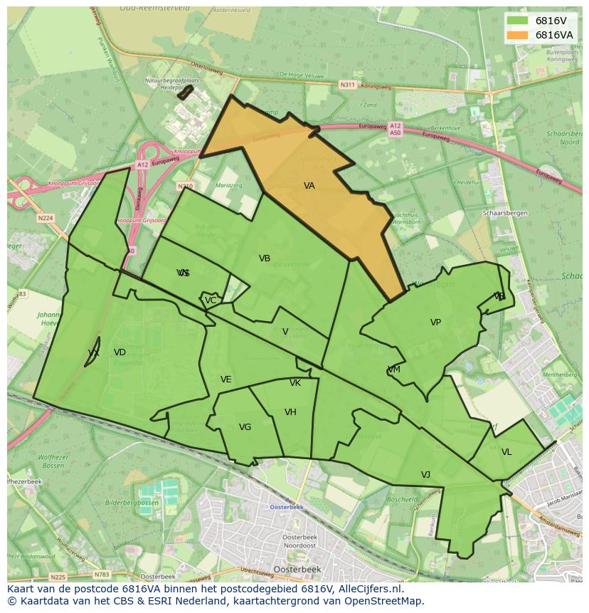 Afbeelding van het postcodegebied 6816 VA op de kaart.