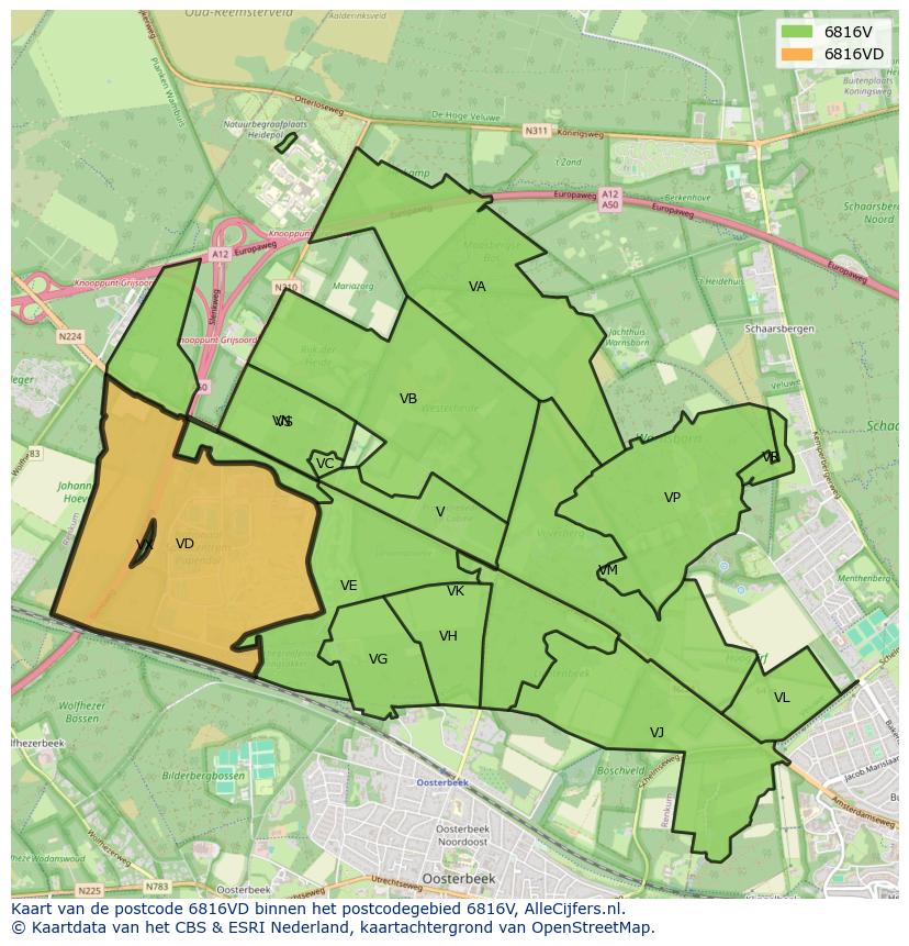 Afbeelding van het postcodegebied 6816 VD op de kaart.