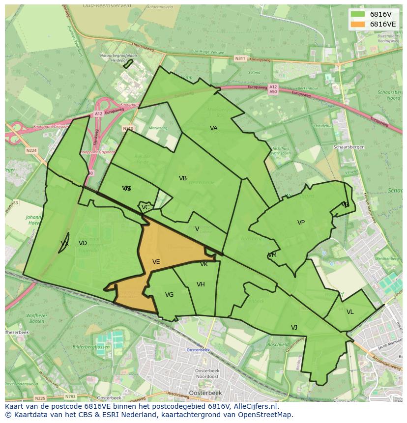 Afbeelding van het postcodegebied 6816 VE op de kaart.