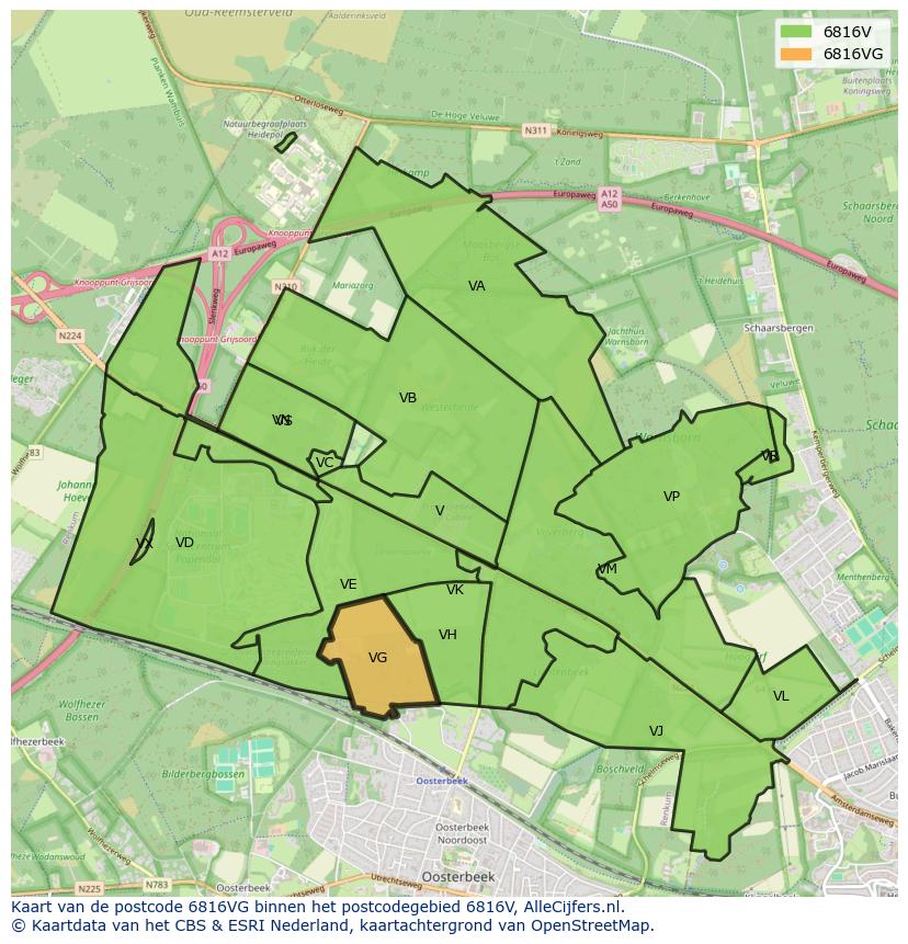 Afbeelding van het postcodegebied 6816 VG op de kaart.