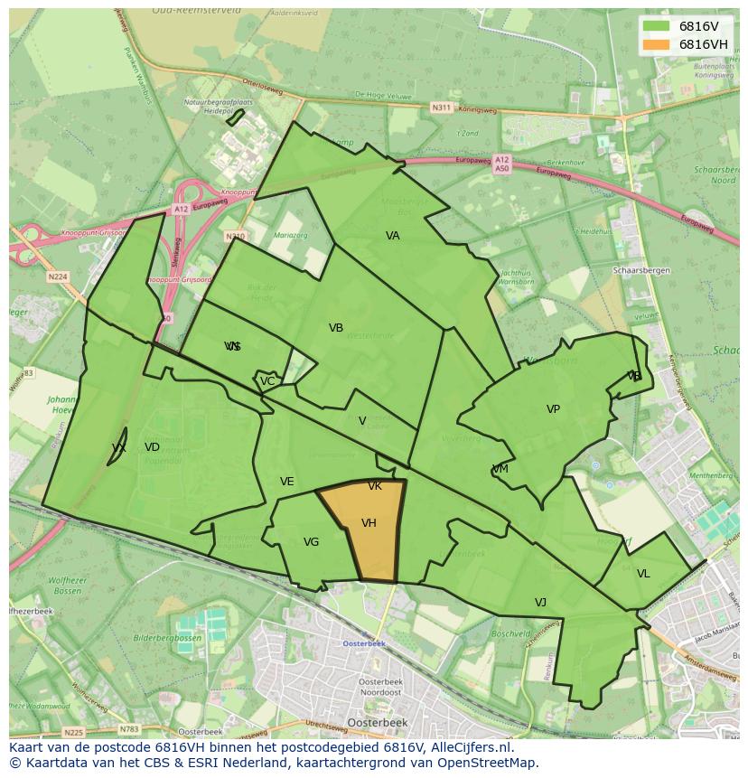 Afbeelding van het postcodegebied 6816 VH op de kaart.